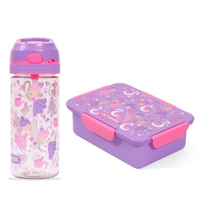 Eazy Kids Lunch Box Set and Tritan Water Bottle w / Lockable Push button and Carry Handle, Tropical - Purple, 420ml